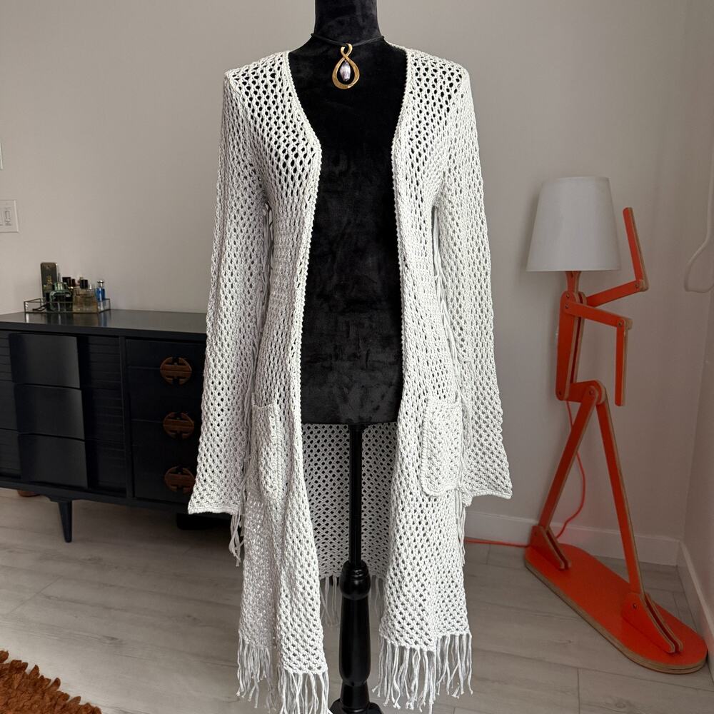 Minnie Rose 100% Cotton Fringe Open Knitted Boho Gray Sweater Cardigan Medium